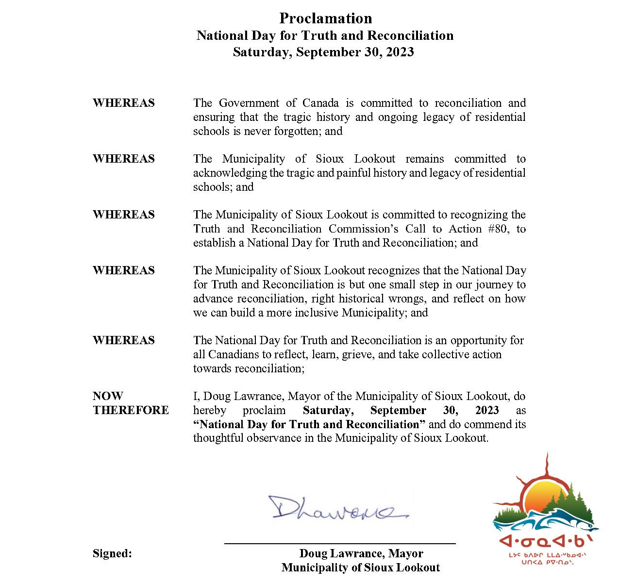 Proclamation - National Day for Truth and Reconciliation