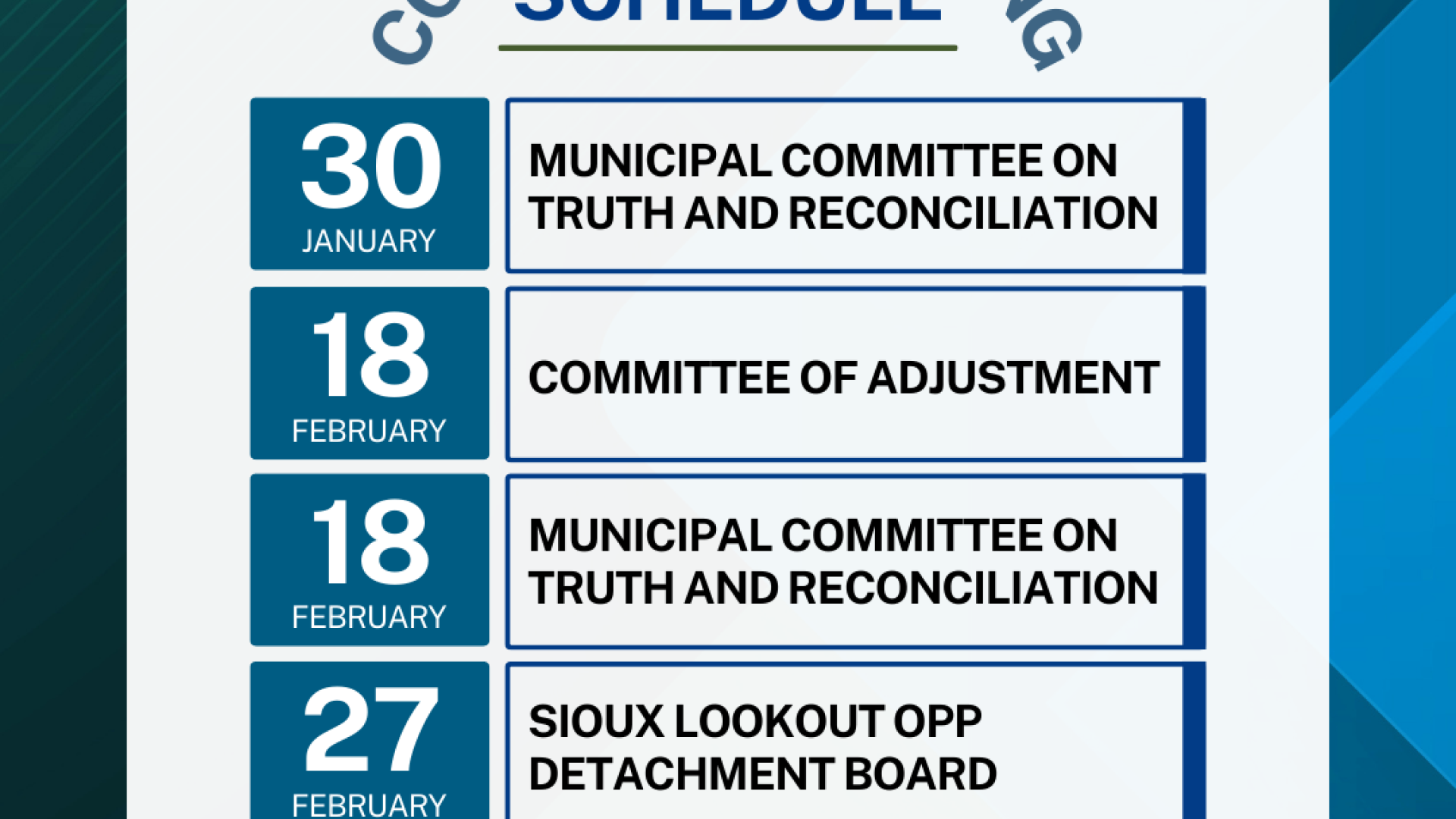 Board and Committee meeting schedule for February 2025