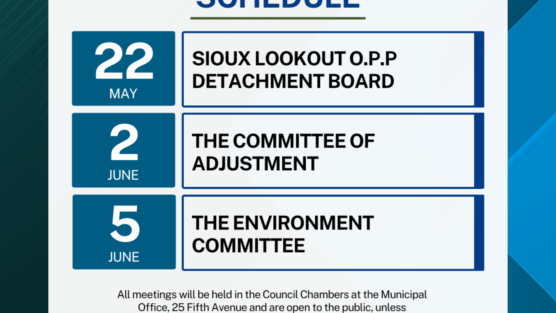 The May and June 2025 committee meeting schedule
