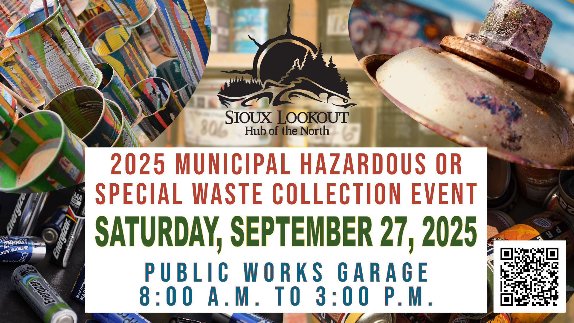 Information about the 2025 collection event over a background of various hazardous waste products.