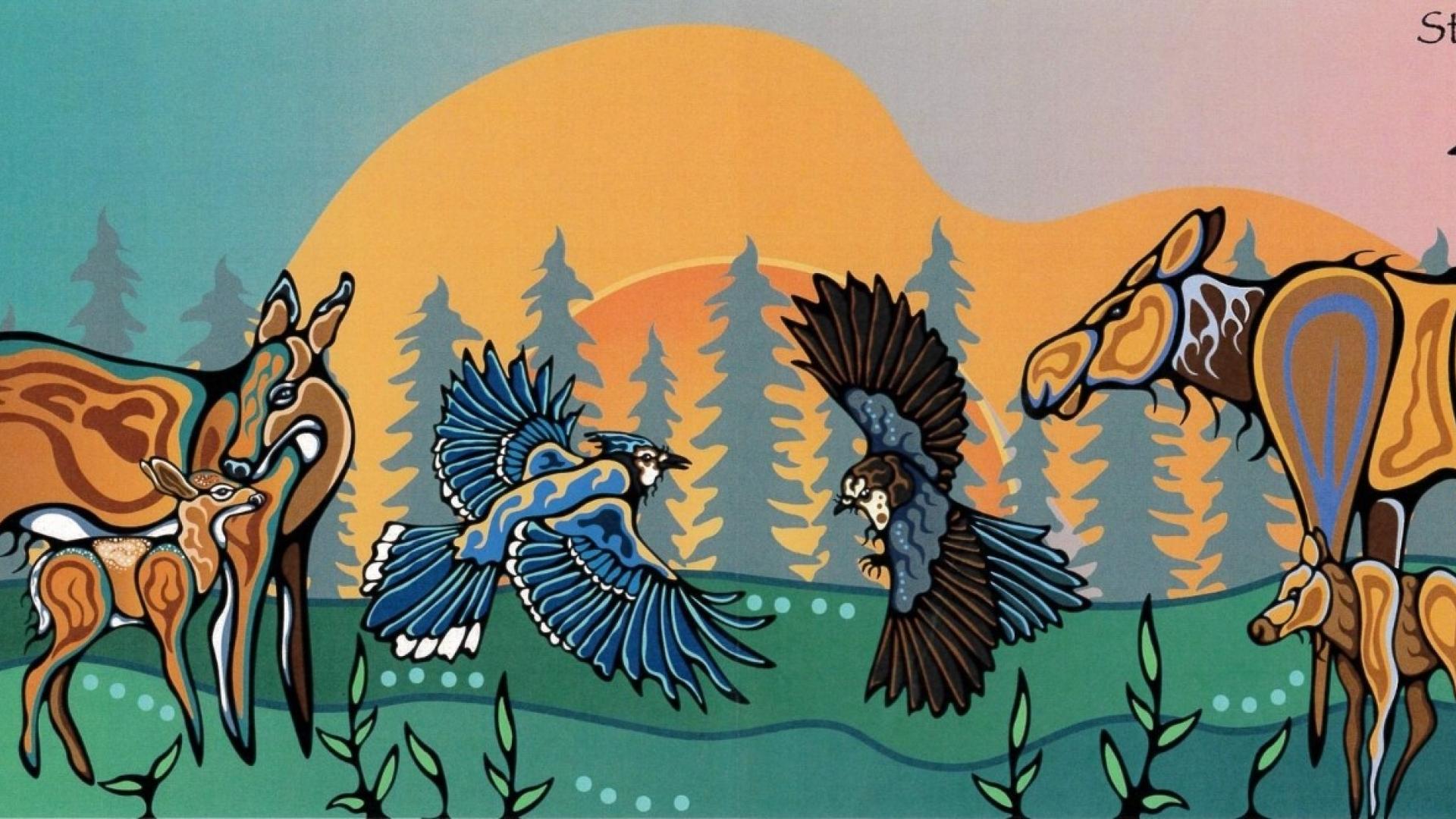 An Indigenous artwork panel featuring a blue jay, deer, and moose