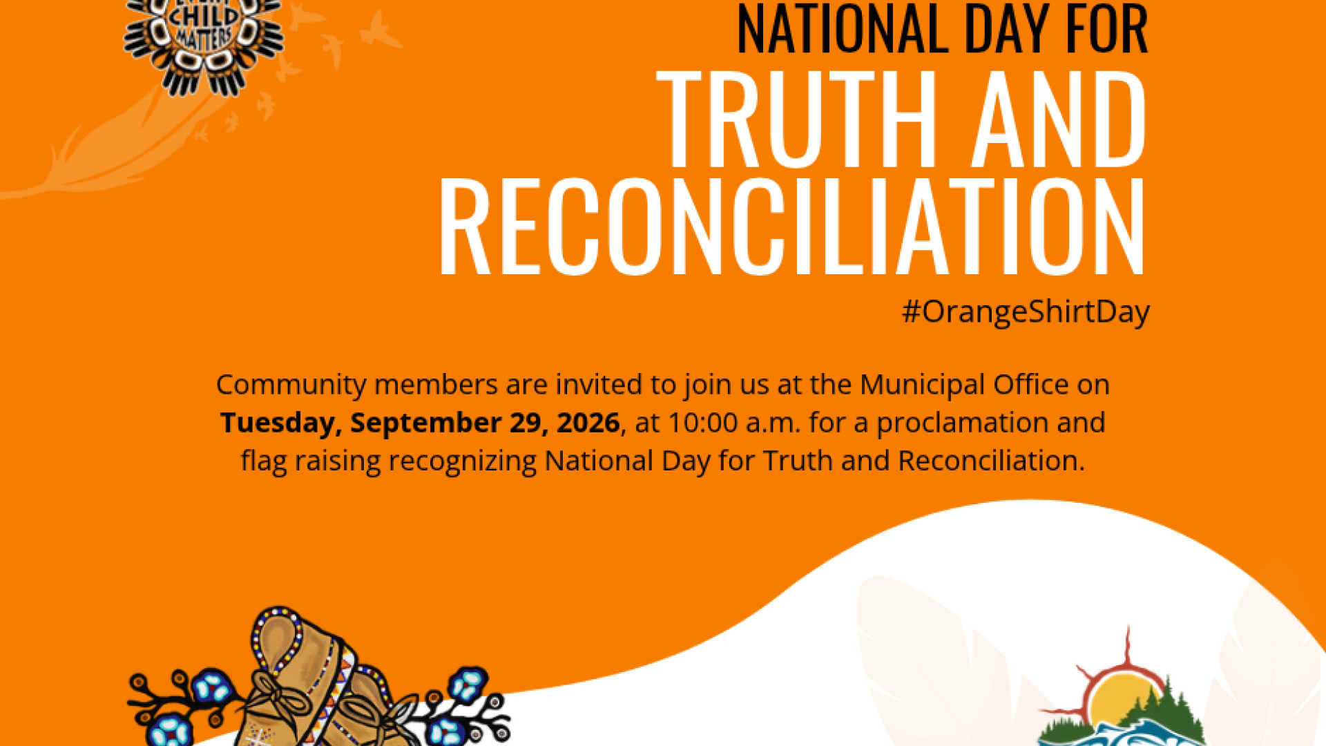 National Day for Truth and Reconciliation event poster with orange background, event details for a proclamation and flag raising