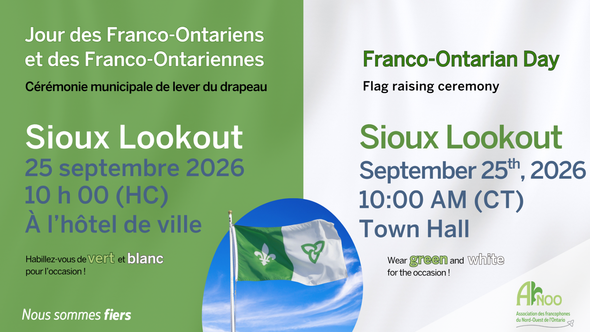 Franco-Ontarian Day flag-raising event poster for Sioux Lookout, featuring the Franco-Ontarian flag and event details in French and English.