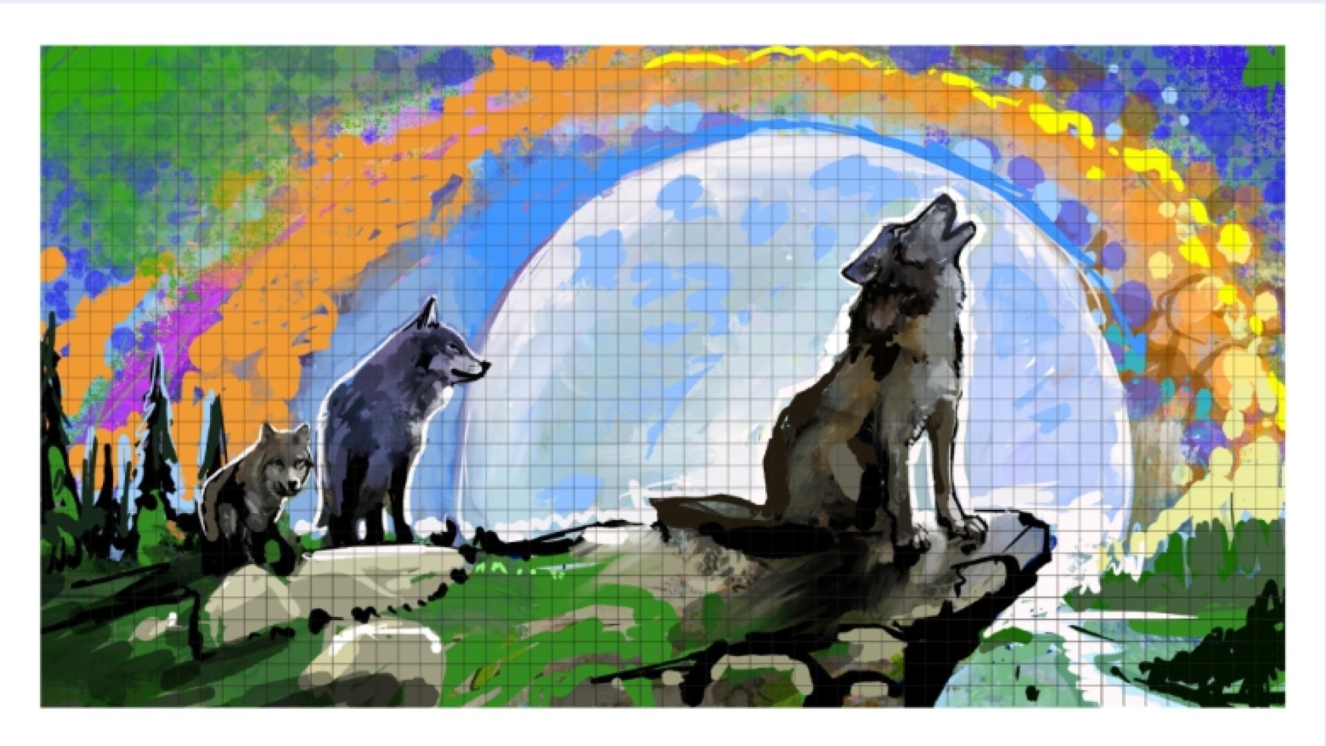 Three wolves beneath a full moon in a colourful northern landscape, with vibrant rainbow-like colours across the sky and forest surroundings.