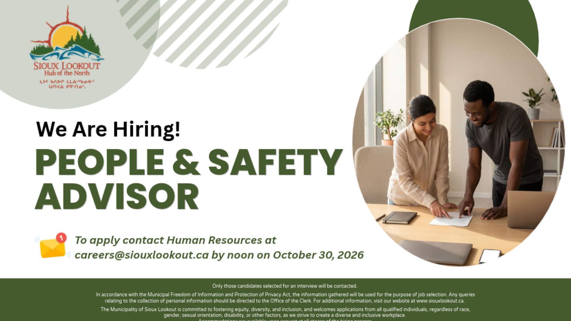 People & Safety Advisor job posting for the Municipality of Sioux Lookout.