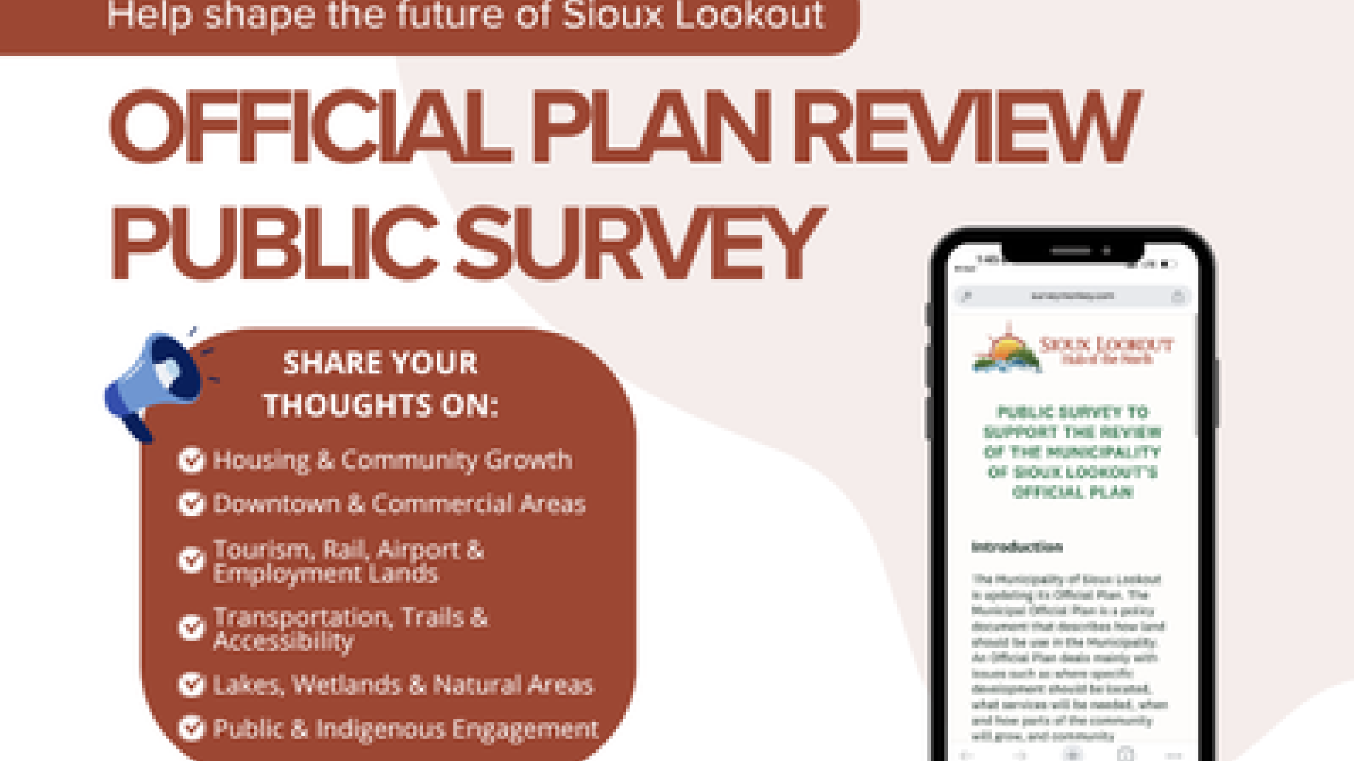 Official Plan Review Public Survey graphic inviting residents to help shape the future of Sioux Lookout.