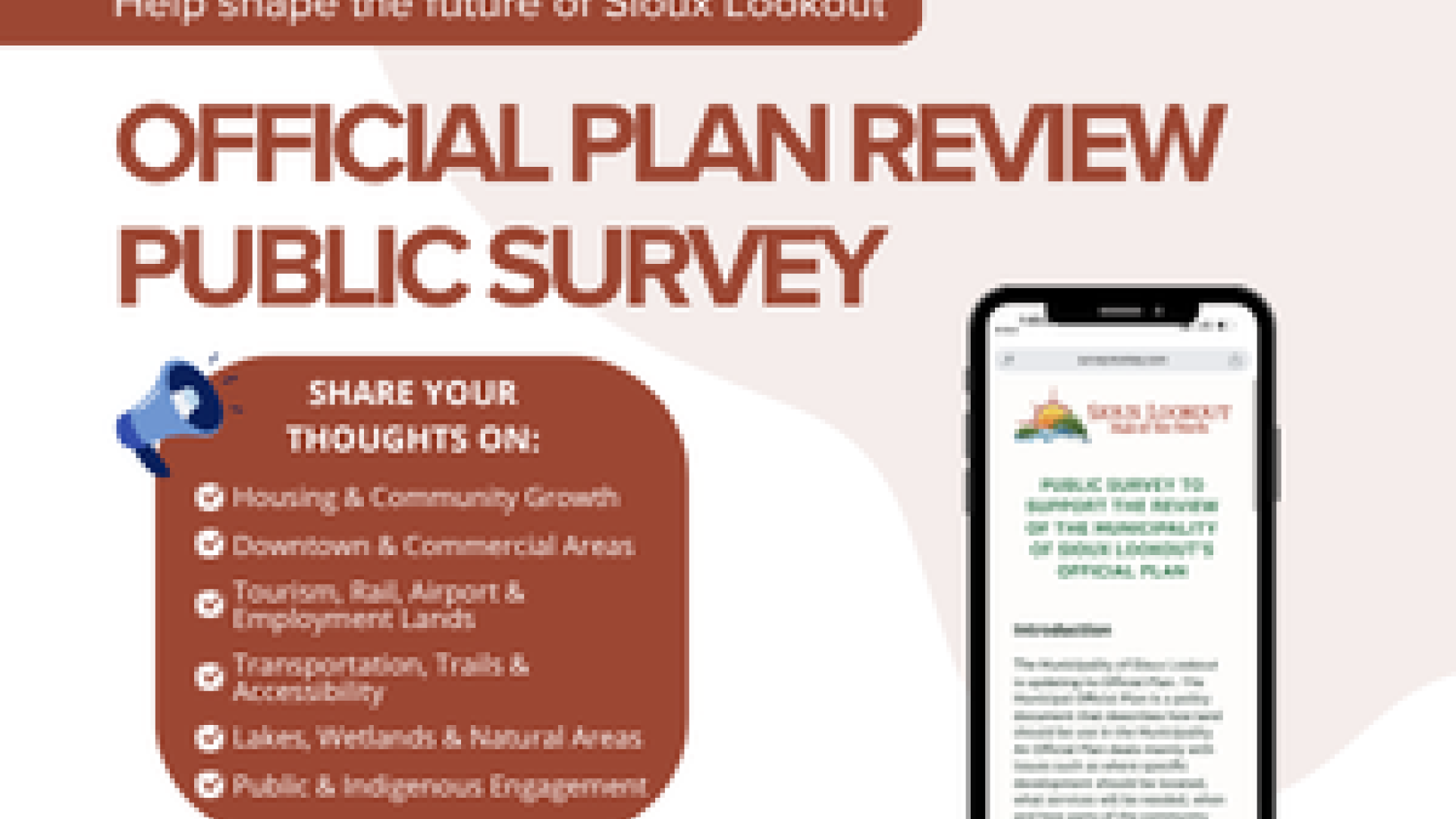 Official Plan Review Public Survey graphic inviting residents to help shape the future of Sioux Lookout.
