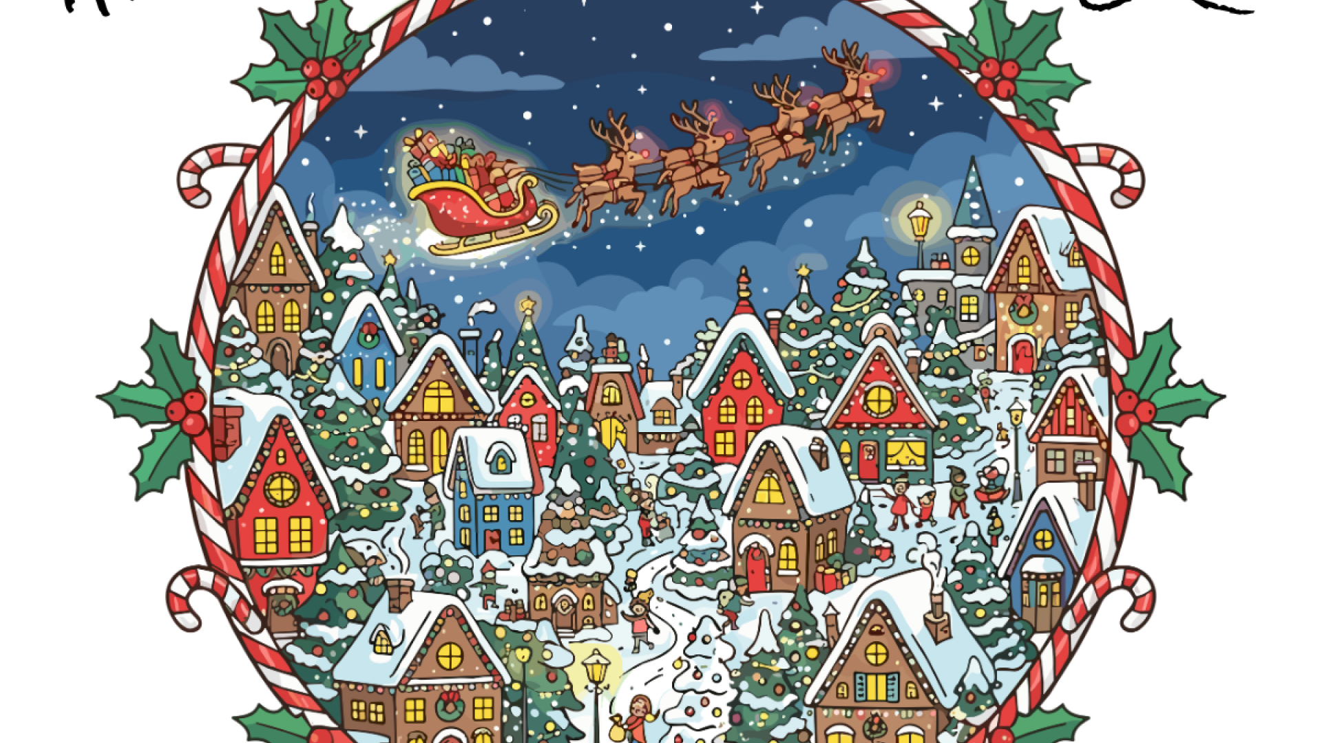 A cartoon image of a Christmas village with Santa flying through the sky with his reindeer.