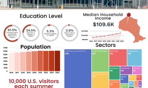 A one-page infographic with statistics on education levels, household income, population, and sectors.