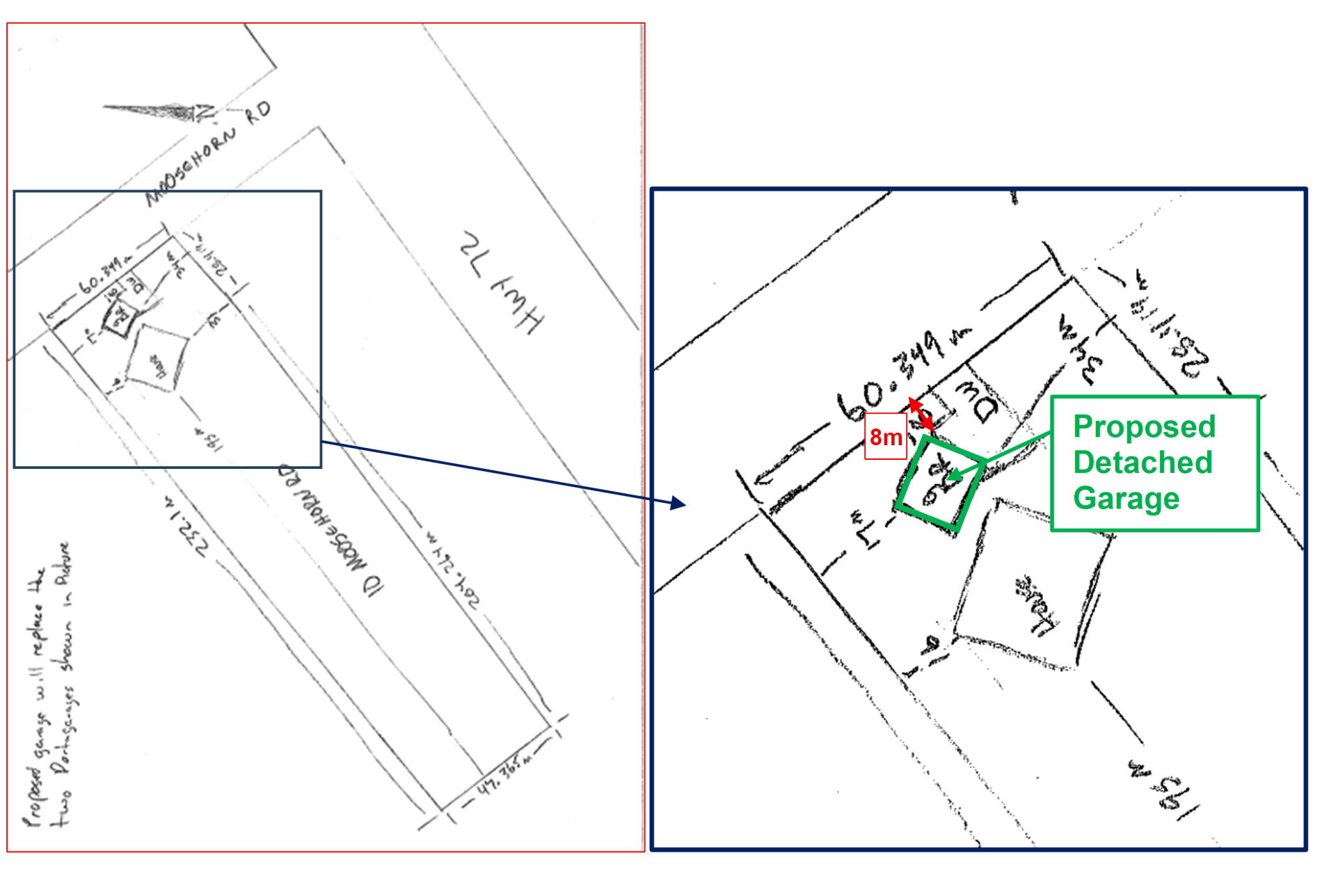 Diagram showing the proposed garage and variance locations for 10 M01-2026