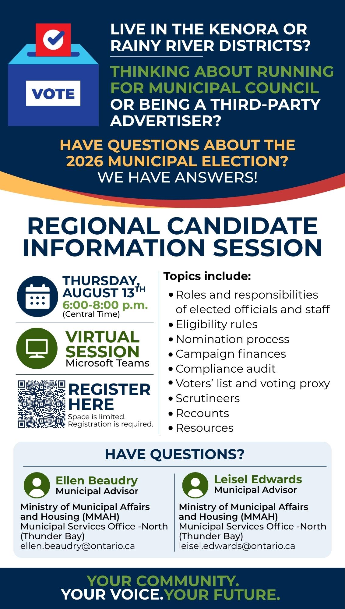 A poster outlining information for a regional candidate information session for the 2026 municipal elections.