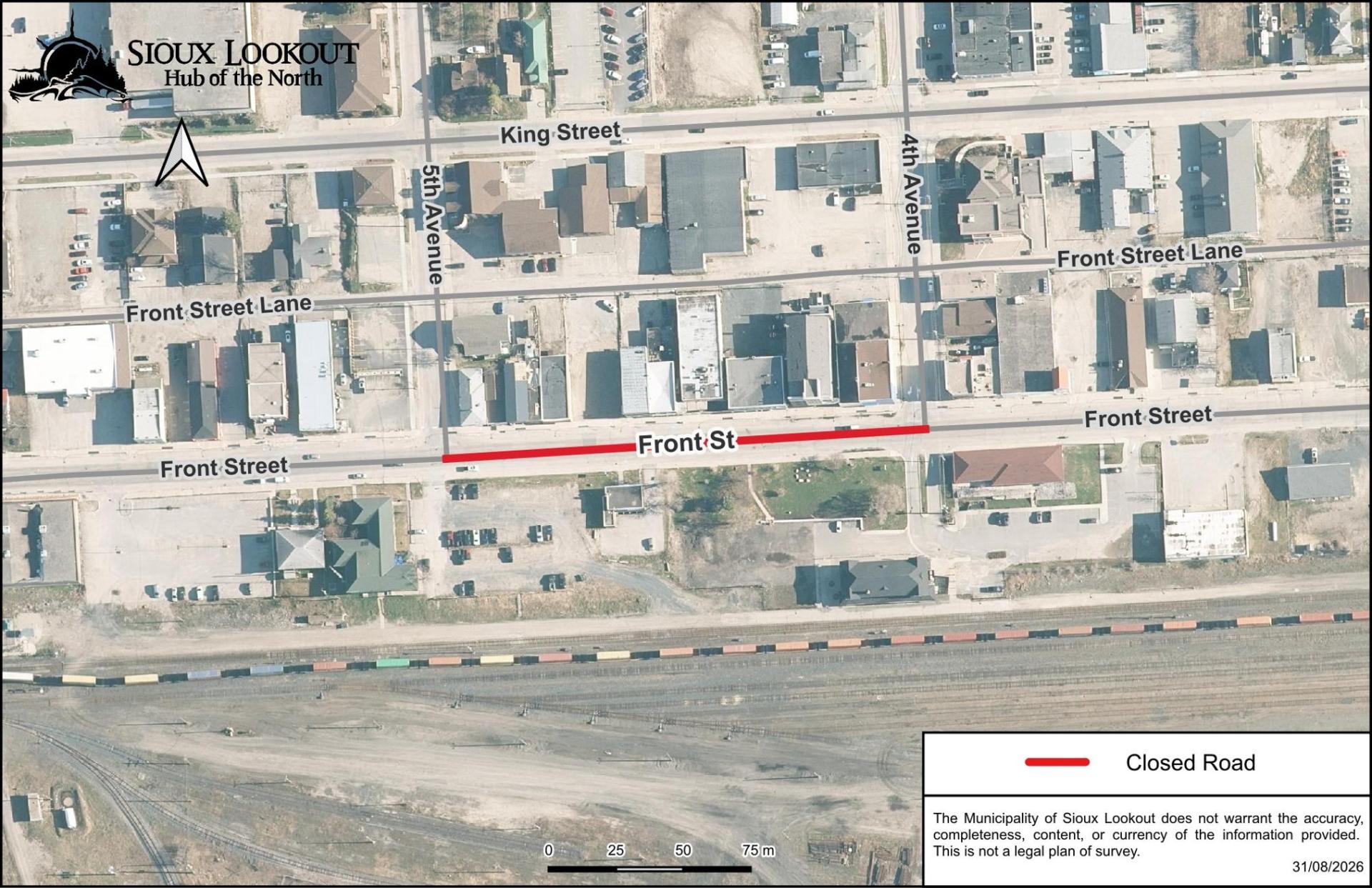 A map showing where a temporary road closure will take place on Front Street