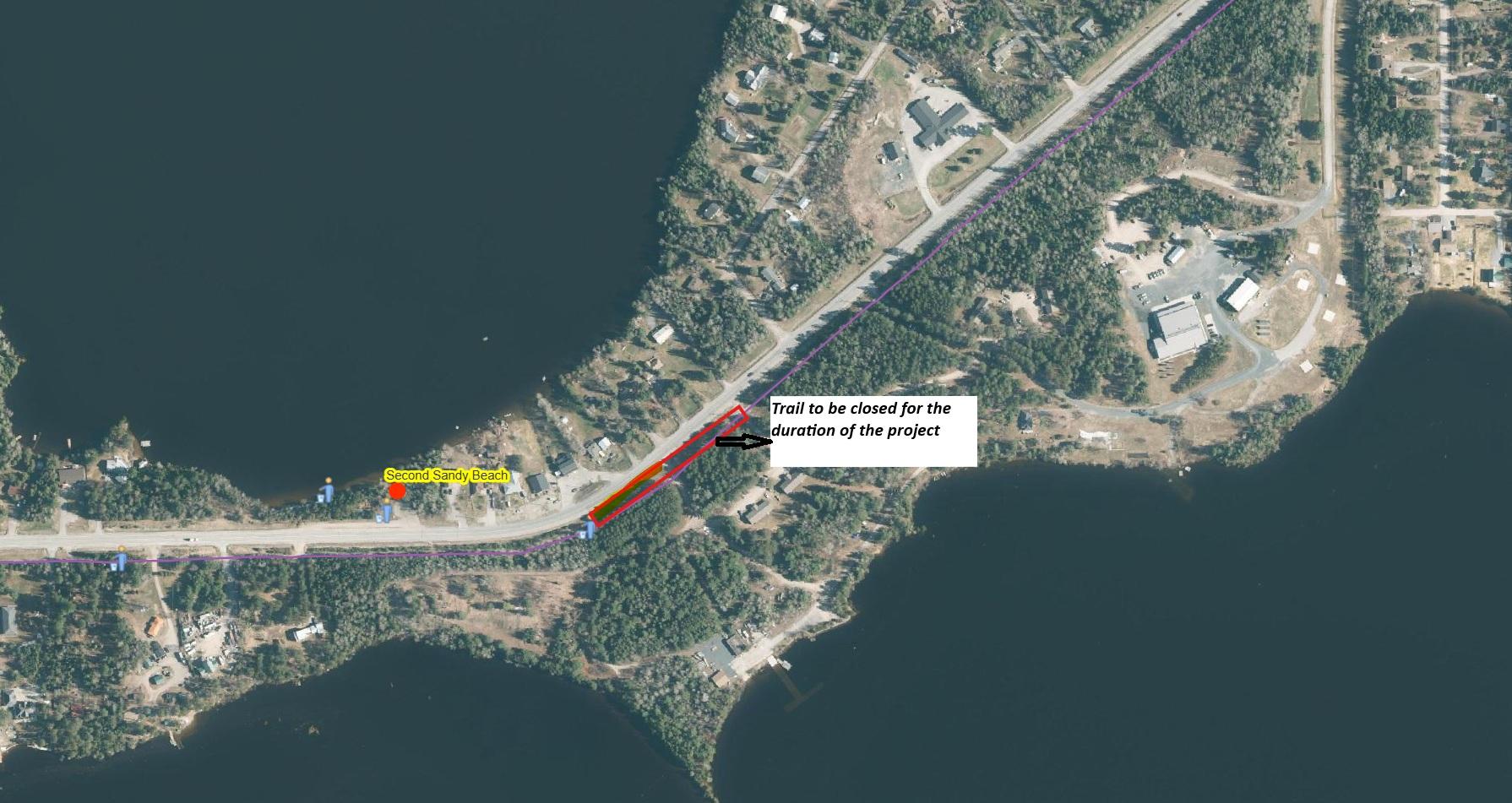 A map showing the section of the Highway 72 walking trail temporarily closed for service extension
