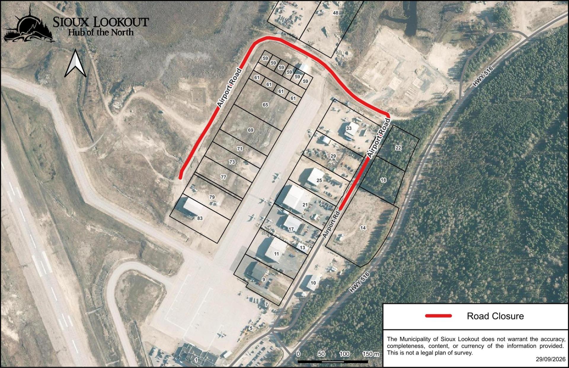 A map showing where a temporary road closure will take place on Airport Road