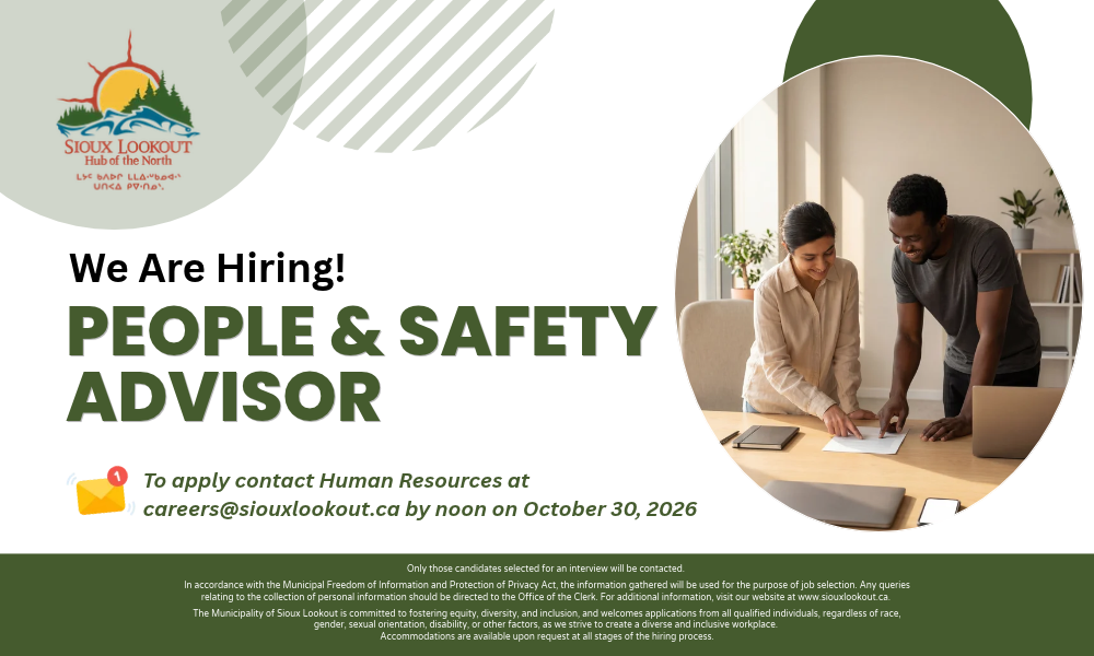 People & Safety Advisor job posting for the Municipality of Sioux Lookout.